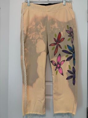 Beige Floral-Print Pants with Lace Trim Hand painted